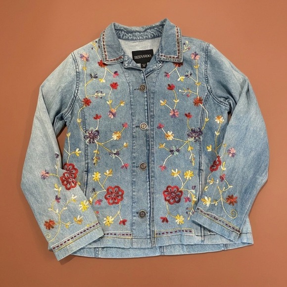 Bernardo Jackets & Blazers - Vintage Bernardo Denim Jacket Womens Medium Blue Floral Embroidered Button Up